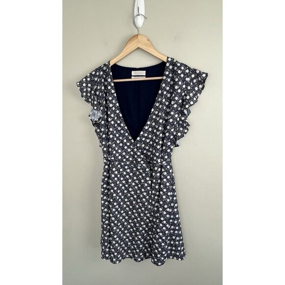Urban Outfitters Floral Wrap Dress Navy White Womens Sz‎ Small Ruffle Sleeves - Picture 1 of 13